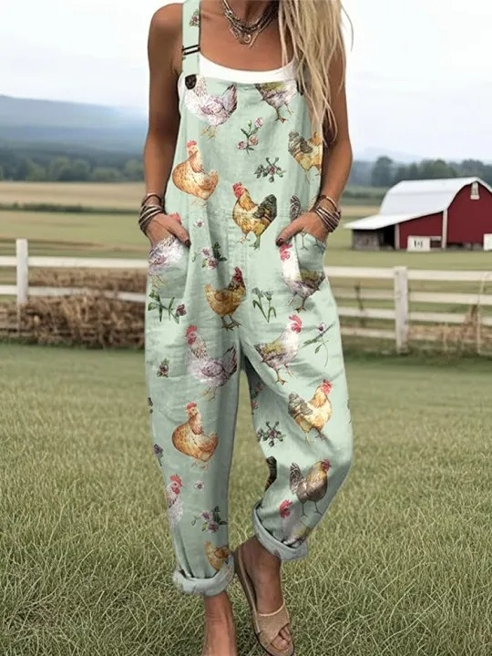 Women's Farm Chicken And Floral Pattern Casual Cotton Wide Leg Jumpsuit
