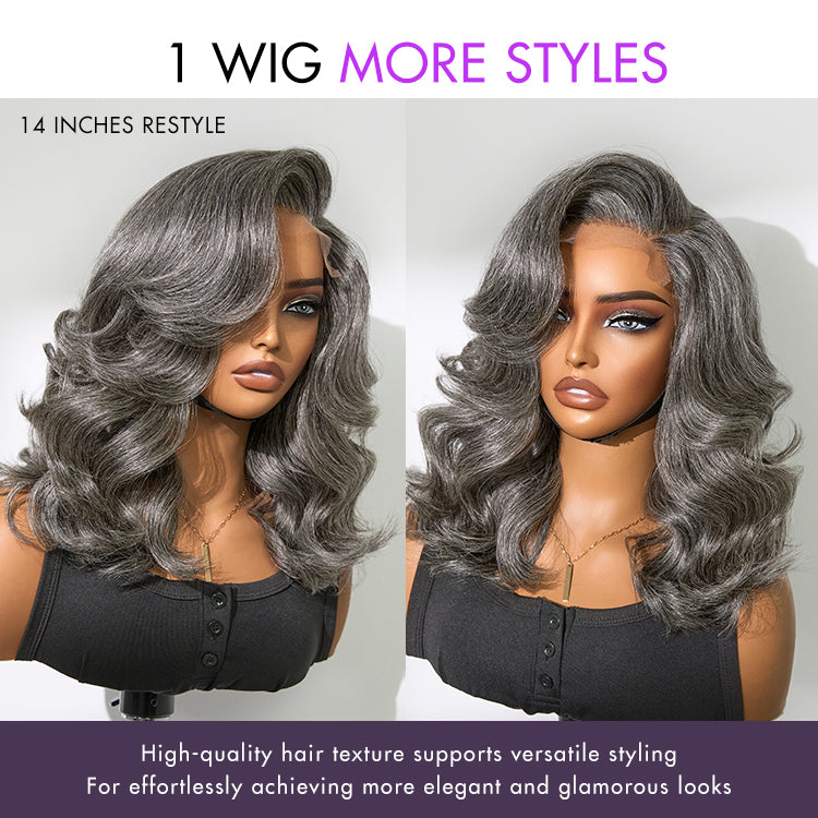 Layered Blowout Salt and Pepper Glueless Grey Wig Minimalist HD Lace Shoulder Length Wavy Wig