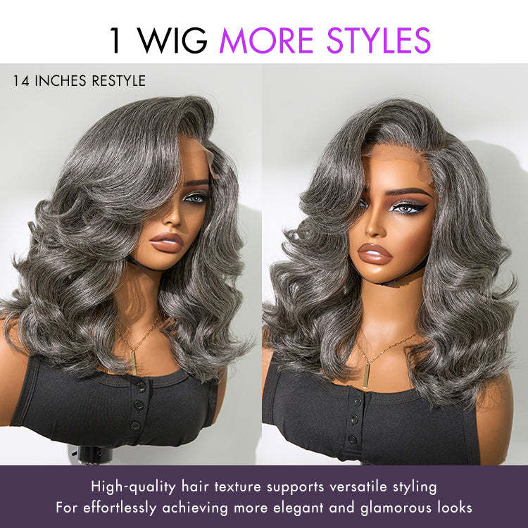 Layered Blowout Salt and Pepper Glueless Grey Wig Minimalist HD Lace Shoulder Length Wavy Wig