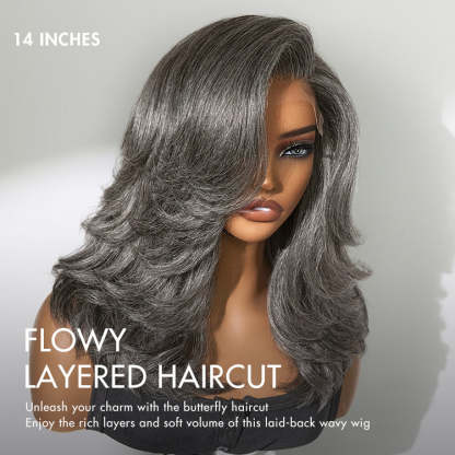 Layered Blowout Salt and Pepper Glueless Grey Wig Minimalist HD Lace Shoulder Length Wavy Wig