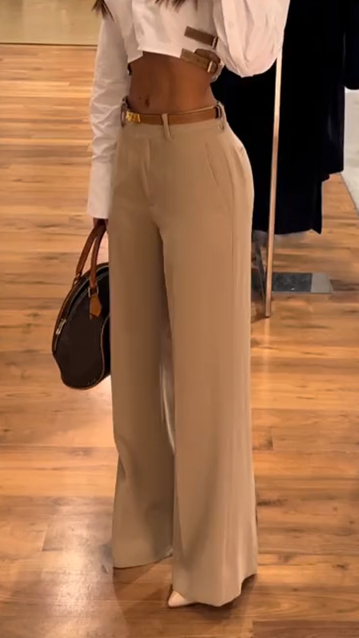 Women's Autumn White Casual Cotton And Linen Side Trim Commuter Shirt+Pants Set