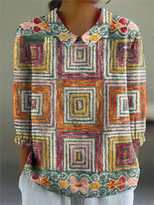 Women's Vintage Ethnic Pattern Art Print Casual Cotton And Linen 3/4 Sleeve Shirt
