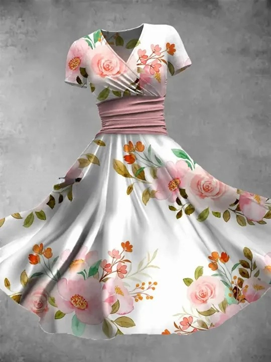 Vintage Bohemian Floral Print V Neck Elegant Chic Loose Short Sleeve Midi Dress