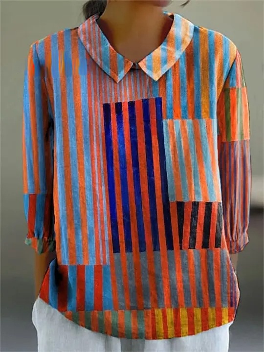 Women's Vintage Colorblock Striped Art Print Casual Cotton And Linen 3/4 Sleeve Shirt