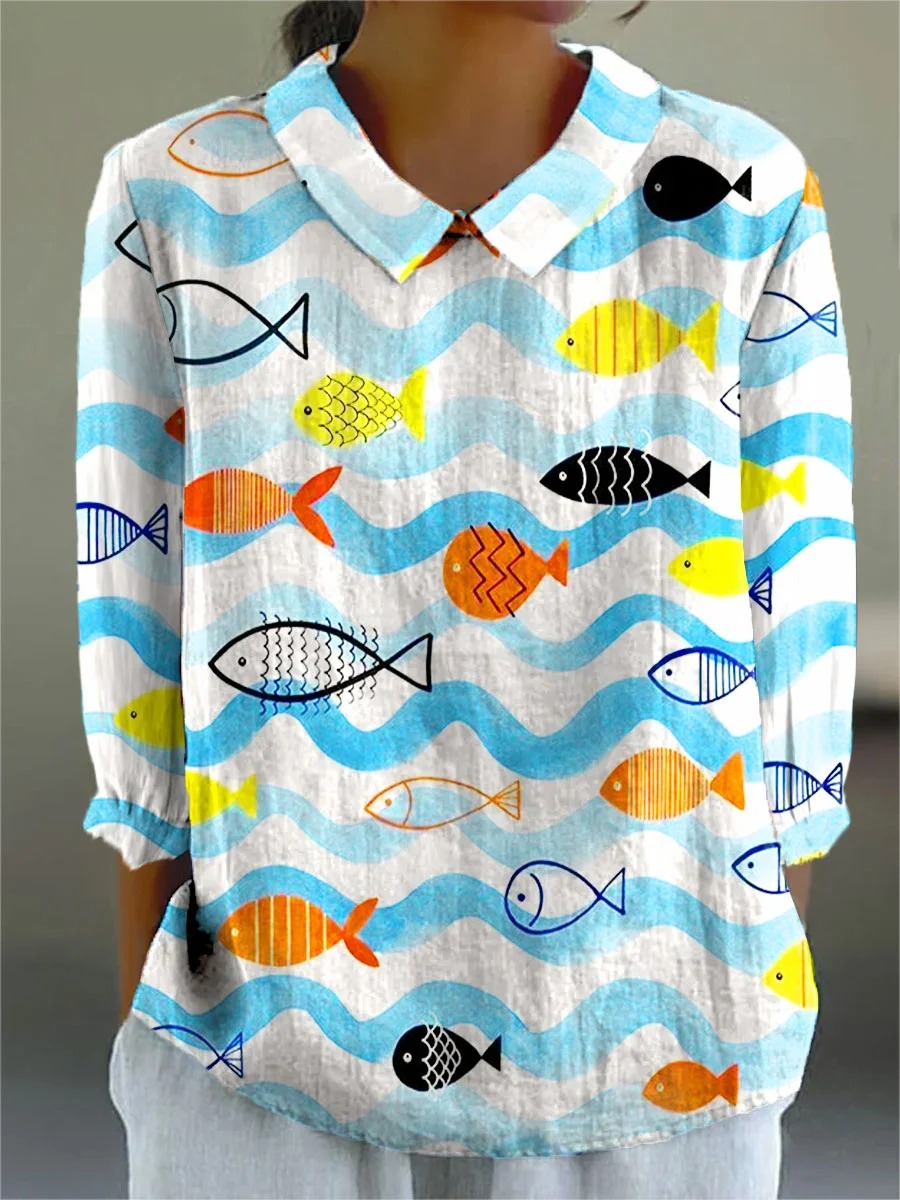 Women's Colorful Abstract Fish Art Print Casual Cotton And Linen 3/4 Sleeve Shirt