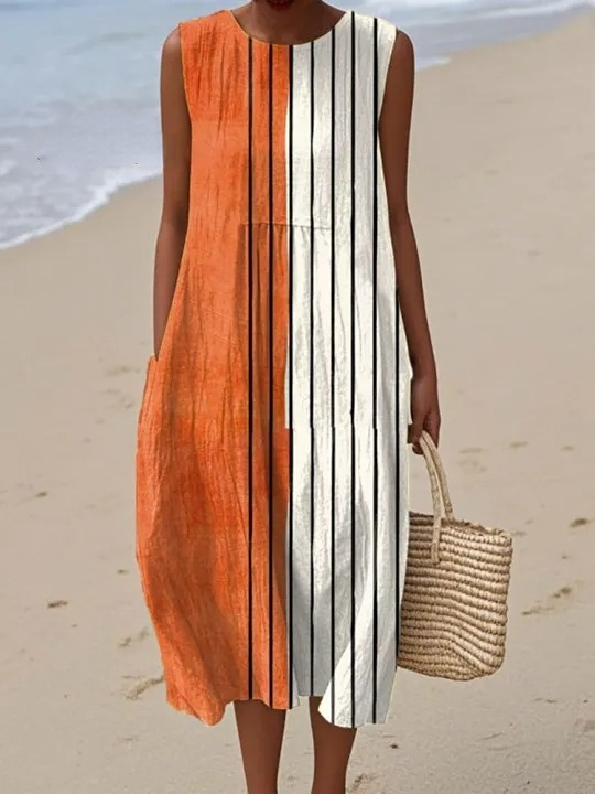 Women's Vintage Abstract Geometry  Art Print Sleeveless Cotton Pocket Wrap Dress