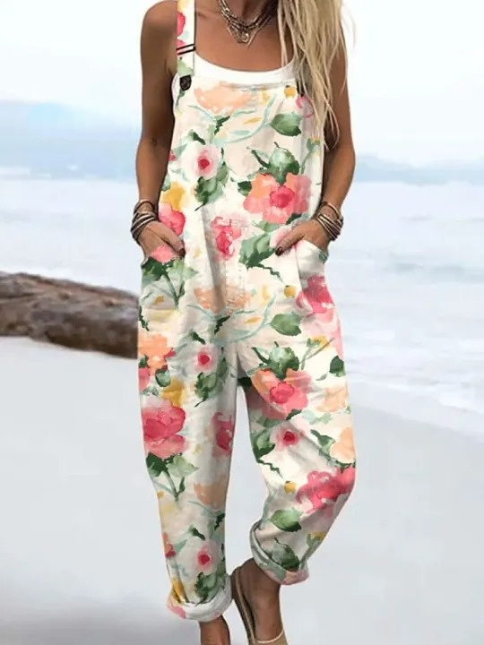 Women's Floral Art  Print Casual 100% Cotton Wide Leg Jumpsuit