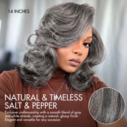 Layered Blowout Salt and Pepper Glueless Grey Wig Minimalist HD Lace Shoulder Length Wavy Wig