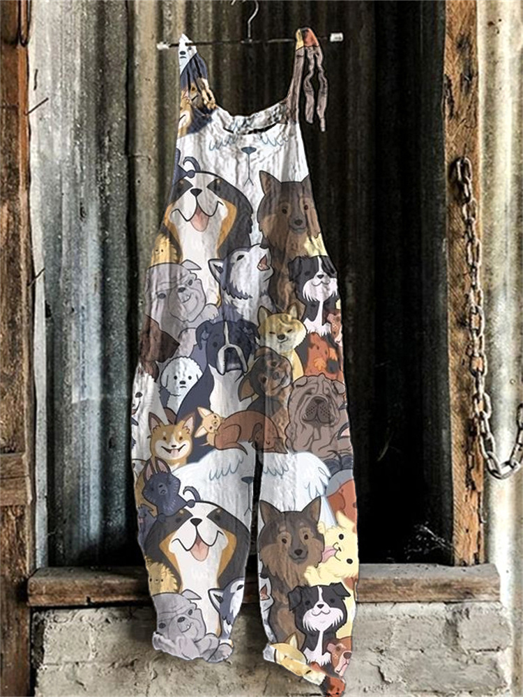 Women's Farm Dog Print Linen Blend Casual Jumpsuit