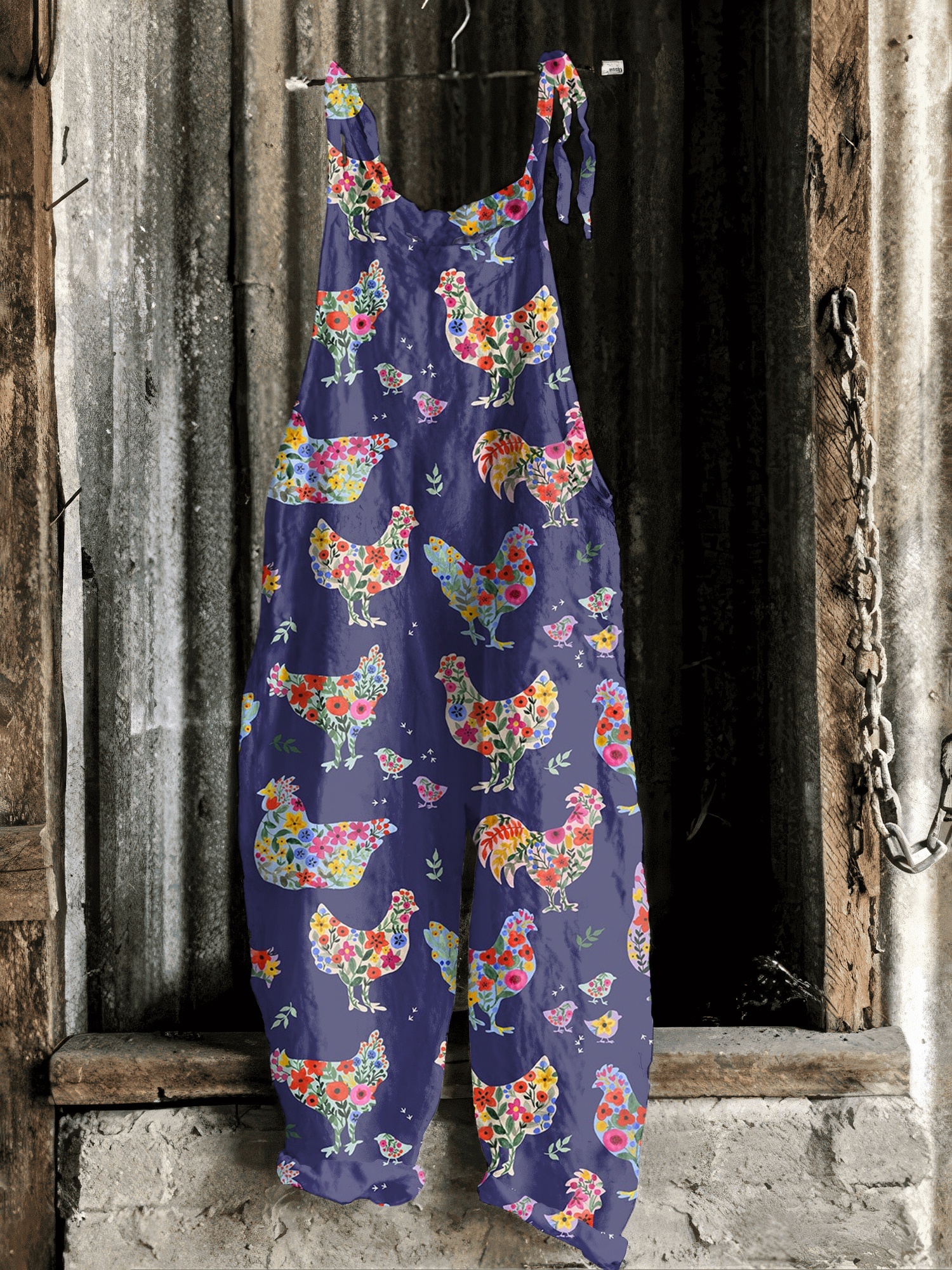 Farm Animal Chicken And Floral Print Casual Jumpsuit