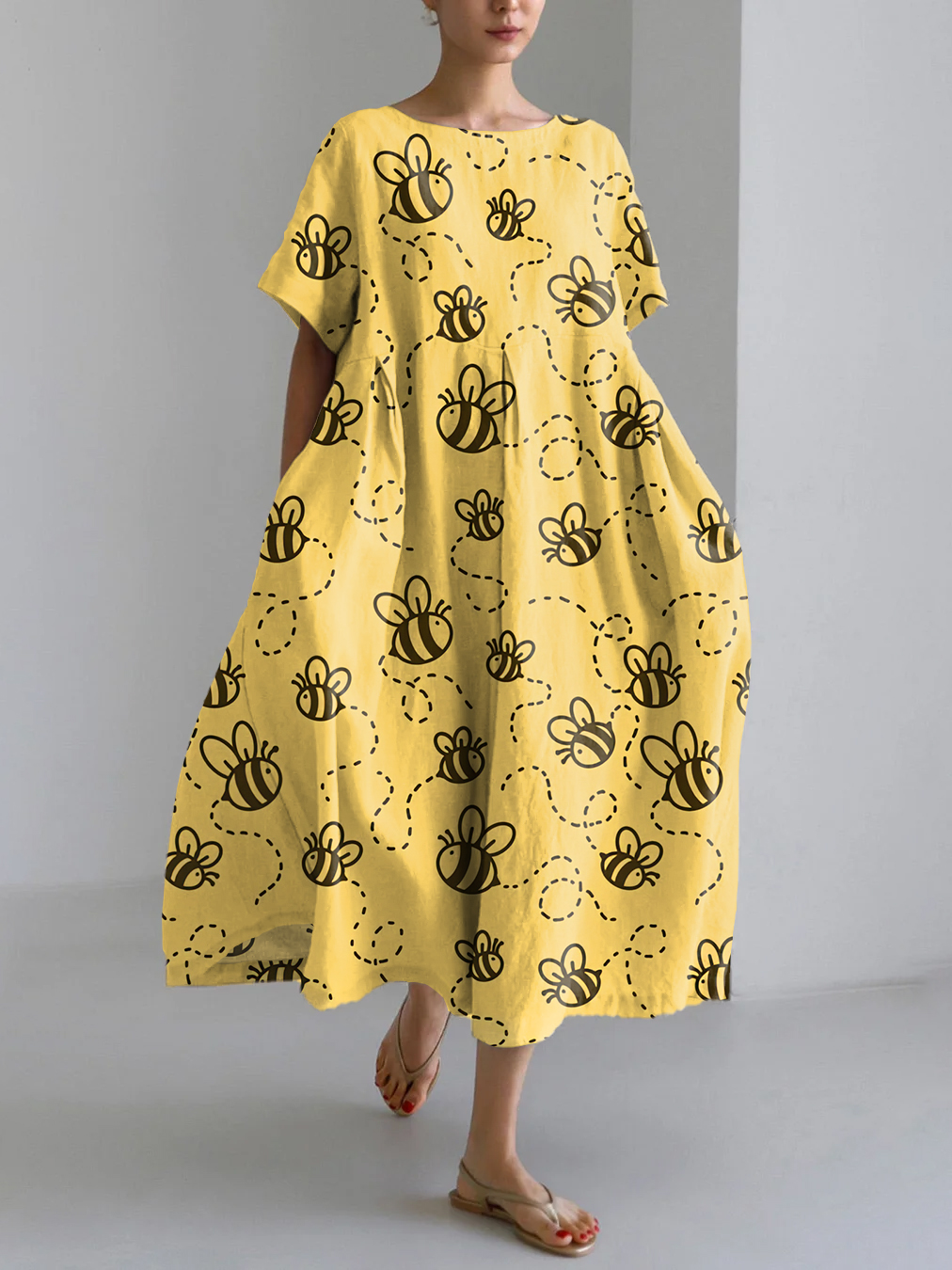 Vintage Flying Bees Pattern Linen Blend Maxi Dress