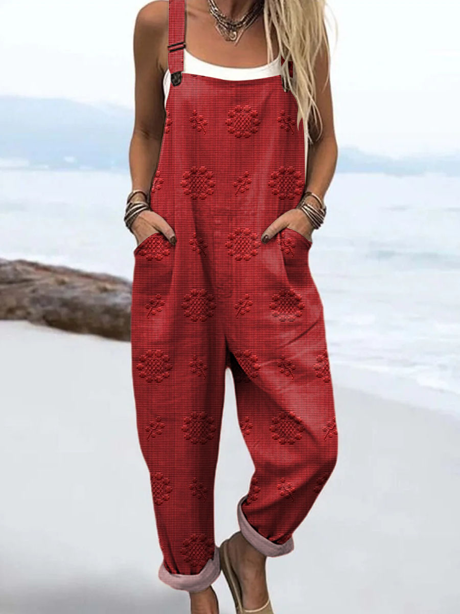  Women's Vintage Printed Casual Cotton Wide Leg Jumpsuit