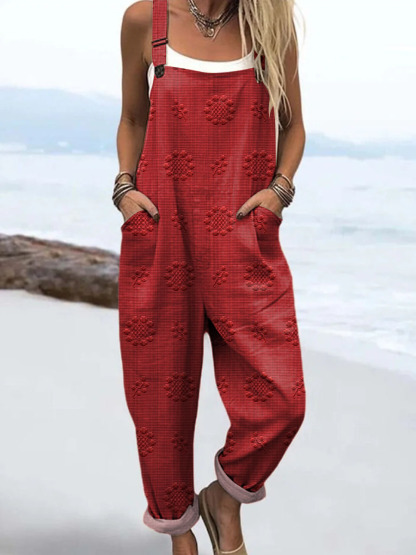  Women's Vintage Printed Casual Cotton Wide Leg Jumpsuit