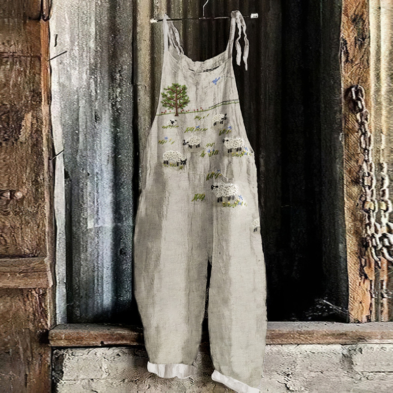 Vintage Farm Sheep Print Loose Casual Jumpsuit