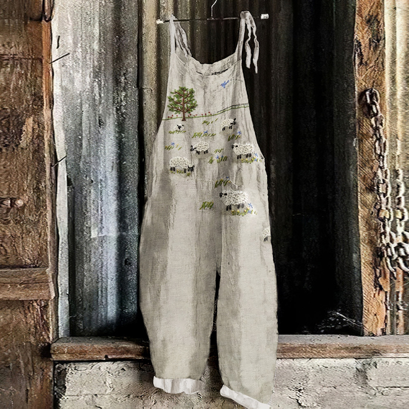 Vintage Farm Sheep Print Loose Casual Jumpsuit