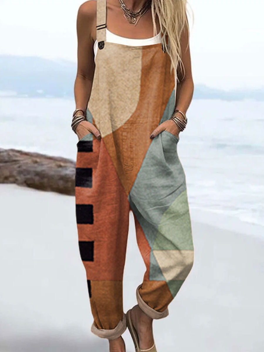 Women's Abstract Art Print Casual Cotton Wide Leg Jumpsuit