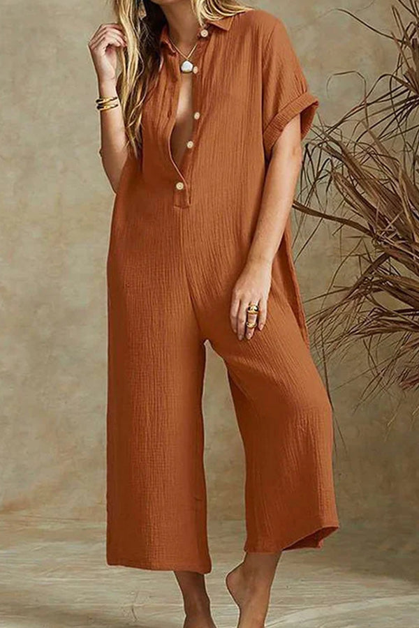 100% cotton women jumpsuit solid buttons loose romper wide leg pants plus size