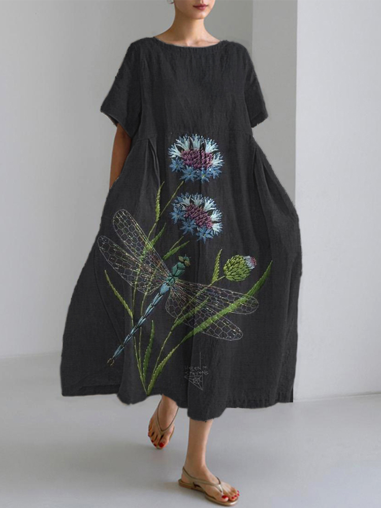 Women's Dragonfly Embroidery Pattern Linen Blend Maxi Dress