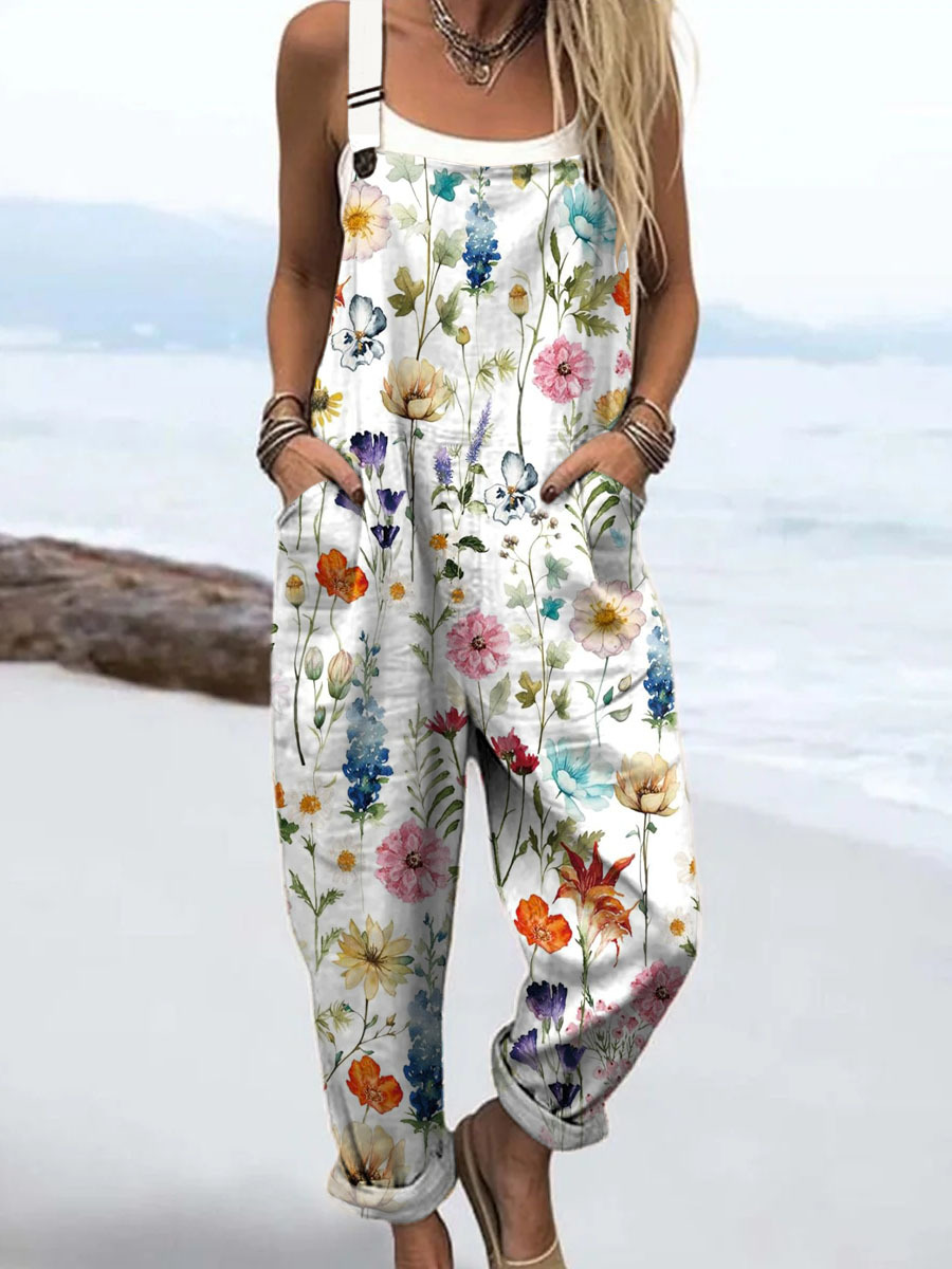 Women's Vintage Art Print Casual Cotton Wide Leg Jumpsuit