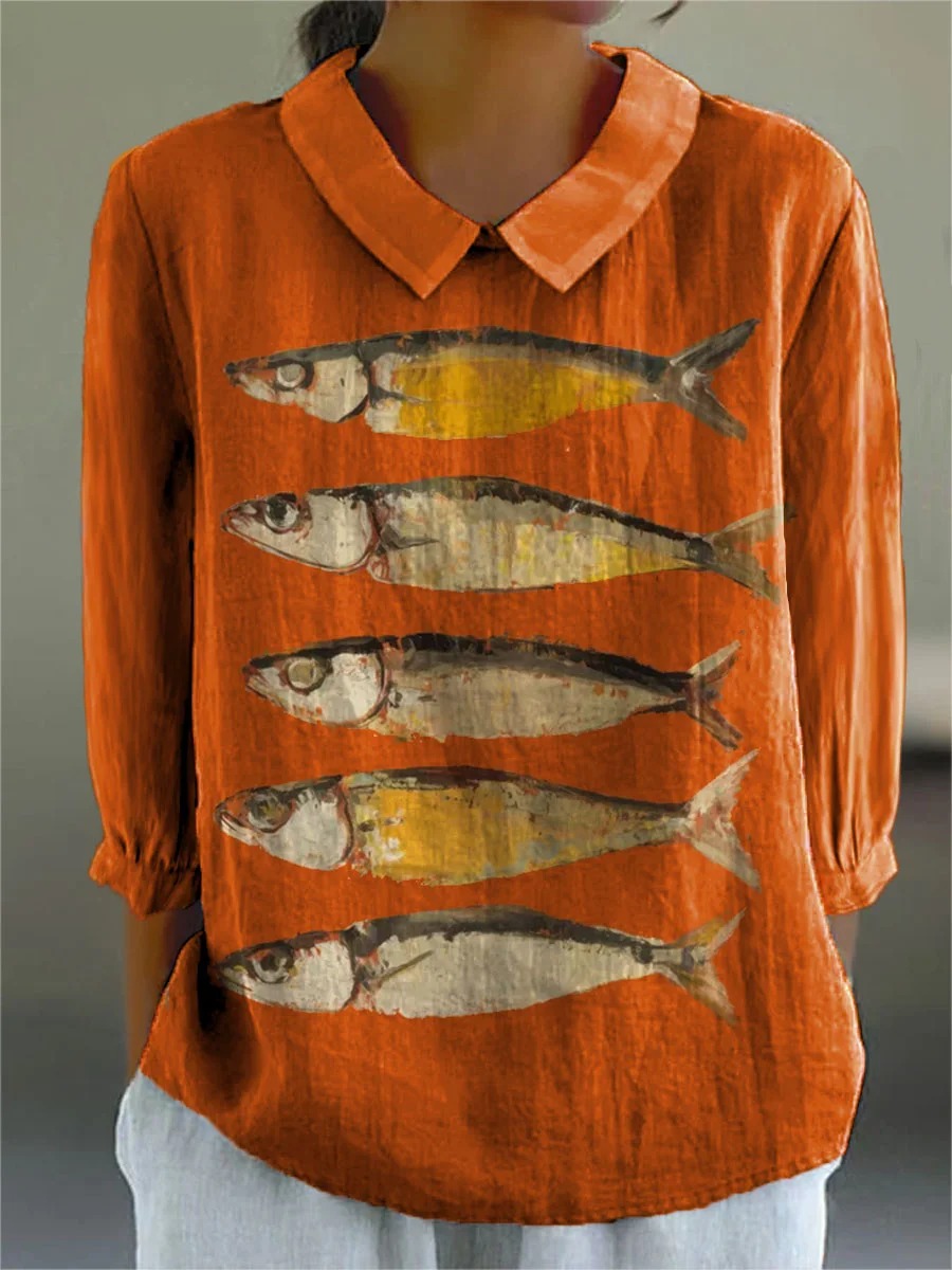 Women's Vintage Fish Art Print Casual Cotton And Linen 3/4 Sleeve Shirt