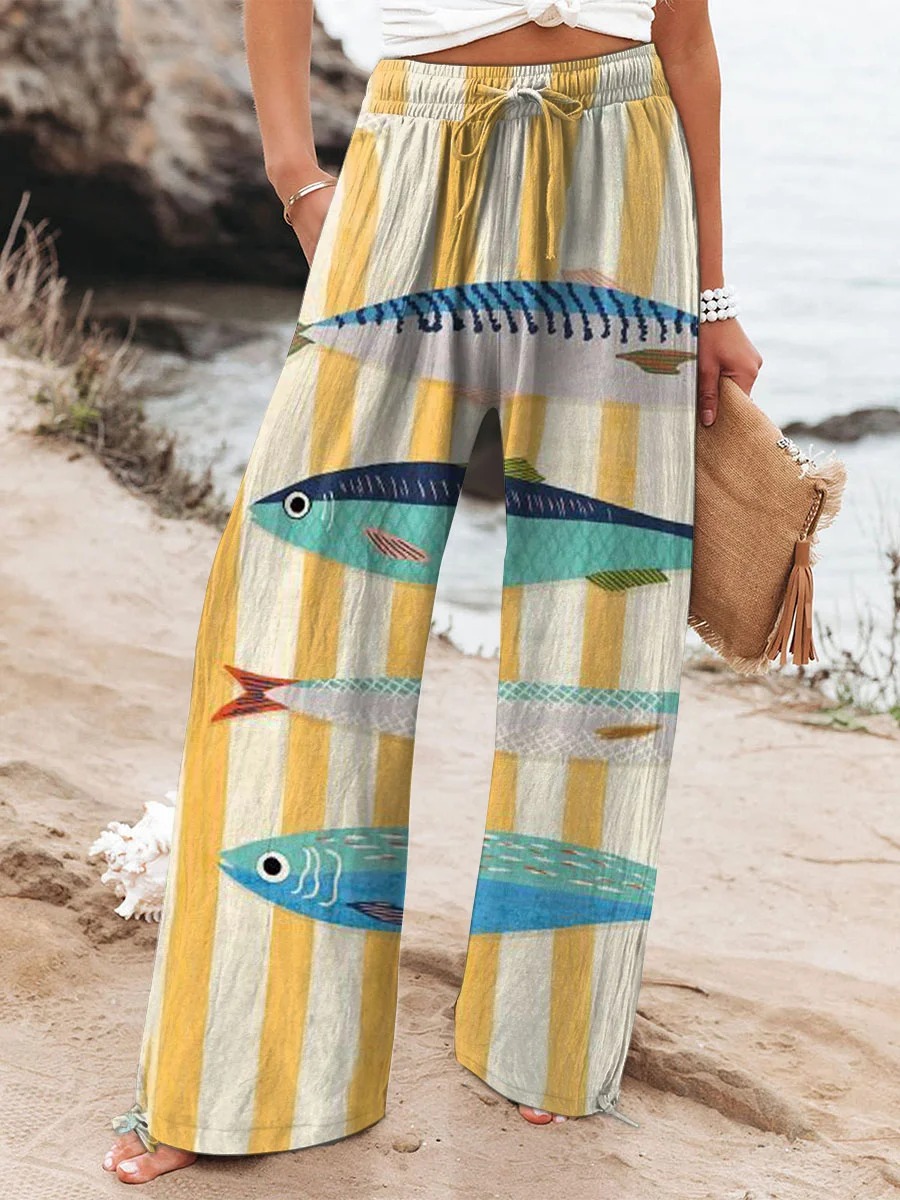 Women's Vintage Fish Art Printed Cotton And Linen Casual Pants