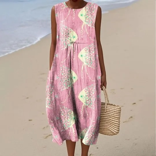 Women's Vintage Abstract Fish Art Print Sleeveless Cotton Pocket Wrap Dress