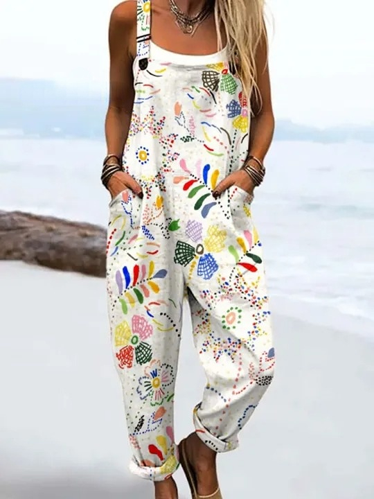 Women's Vintage Abstract Geometric Flower Art Print Casual 100% Cotton Wide Leg Jumpsuit