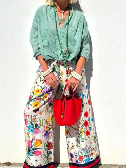 Exquisite Satin Unique Plant Flower Print Loose Wide-Leg Pants