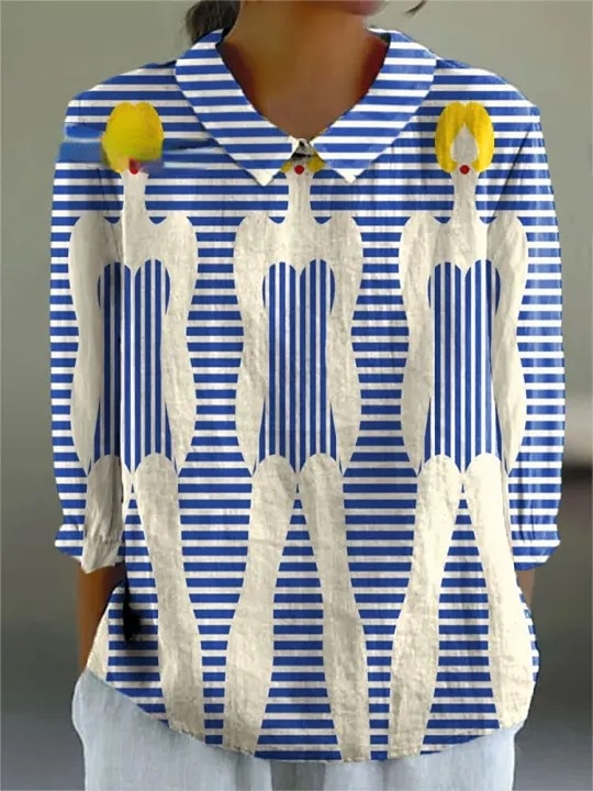 Women's Simple Abstract Geometric Stripes Human Figure Art Print Casual Cotton And Linen 3/4 Sleeve Shirt
