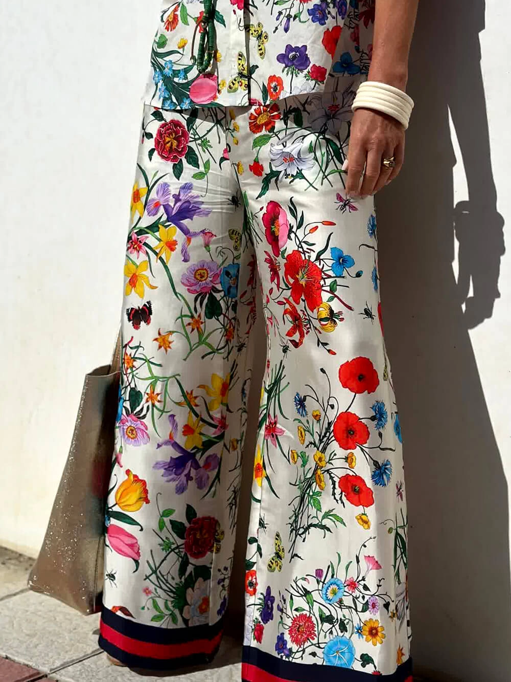 Exquisite Satin Unique Plant Flower Print Loose Wide-Leg Pants