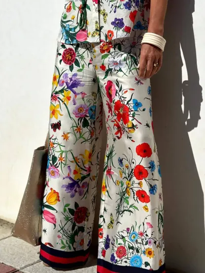 Exquisite Satin Unique Plant Flower Print Loose Wide-Leg Pants