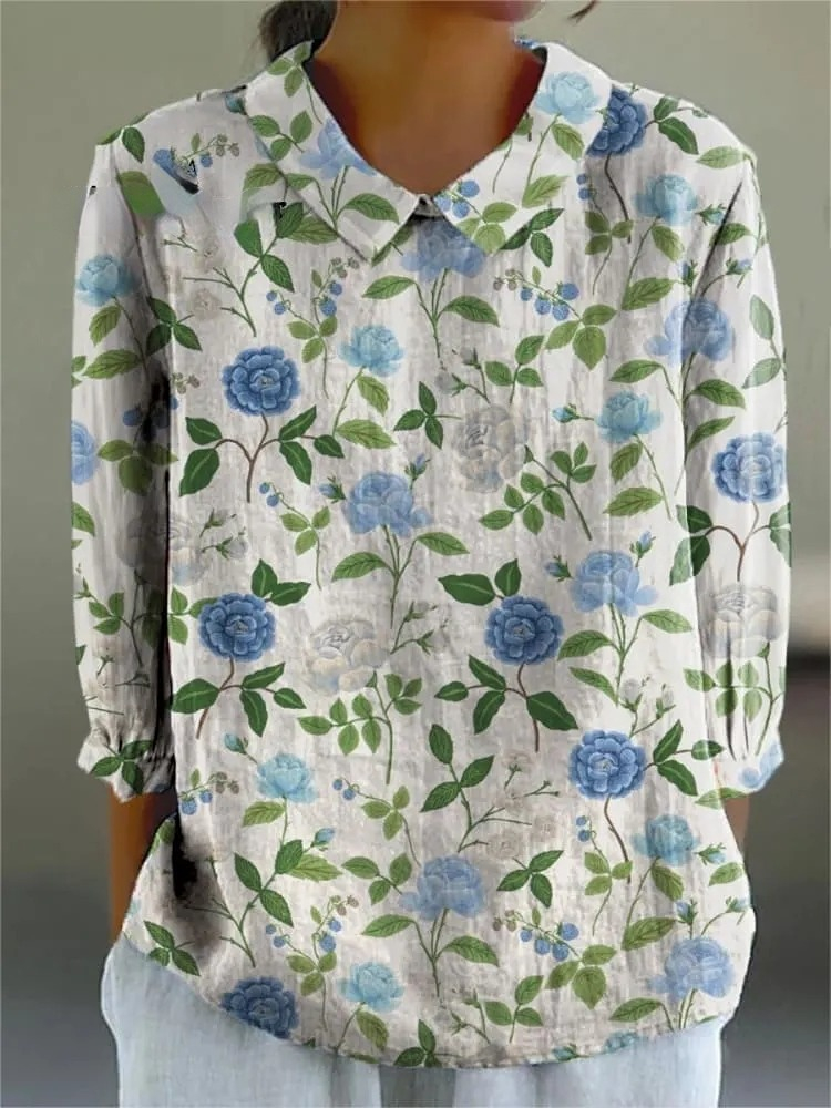 Women's Vintage Floral Art Print Casual Cotton And Linen 3/4 Sleeve Shirt