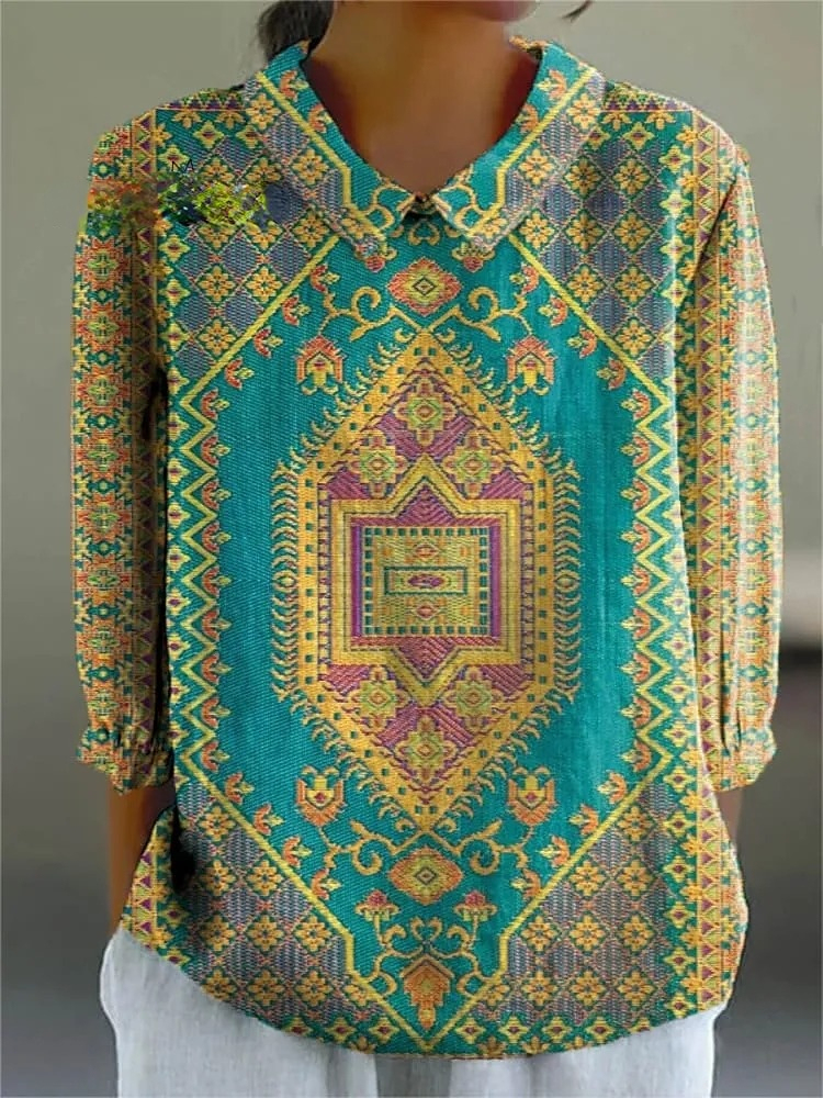 Women's Vintage Ethnic Pattern Art Print Casual Cotton And Linen 3/4 Sleeve Shirt