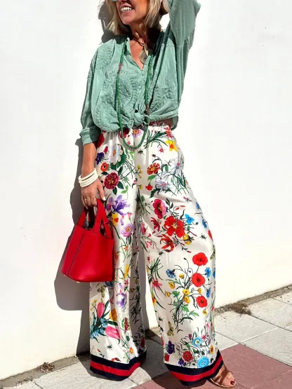 Exquisite Satin Unique Plant Flower Print Loose Wide-Leg Pants