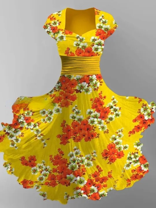 Floral Art Print V-Neck Vintage Chic Short Sleeve Midi Dress