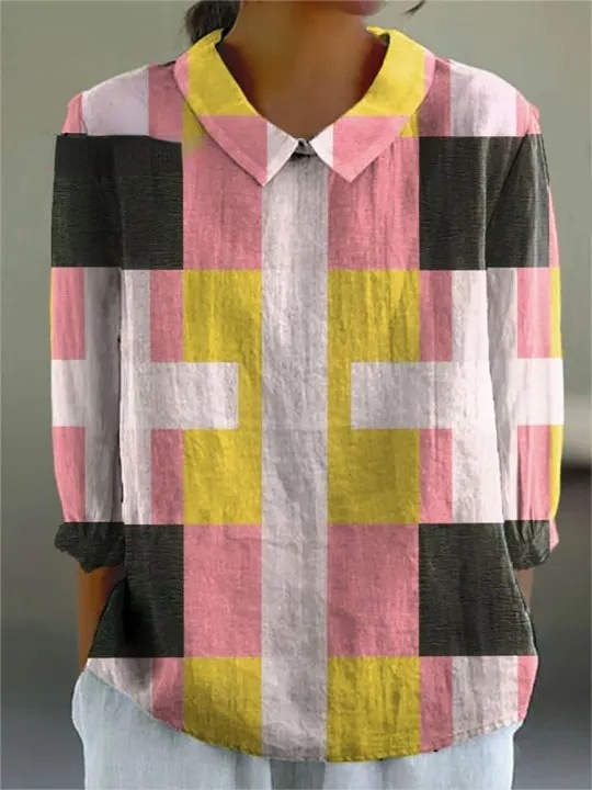 Women's Retro Color Block Abstract Art Print Casual Cotton And Linen 3/4 Sleeve Shirt