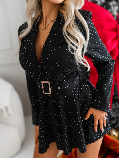 Womens Laple Collar Hot Pressed Diamond Waist Elegant Temperament Dress