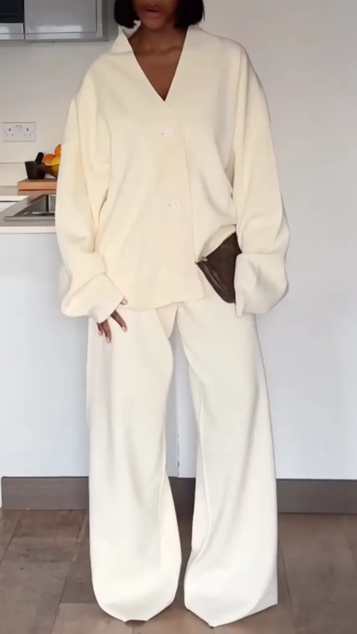 Womens V-neck Coat+ Pants Loose Casual Set