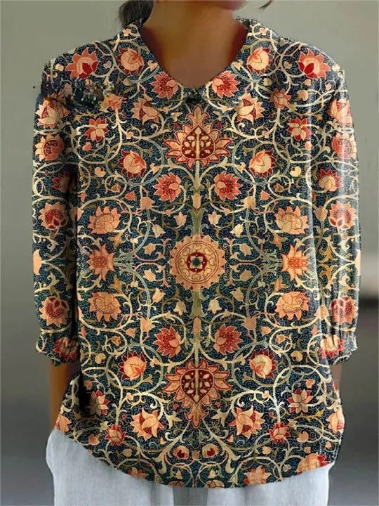 Women's Vintage Floral Art Print Casual Cotton And Linen 3/4 Sleeve Sh
