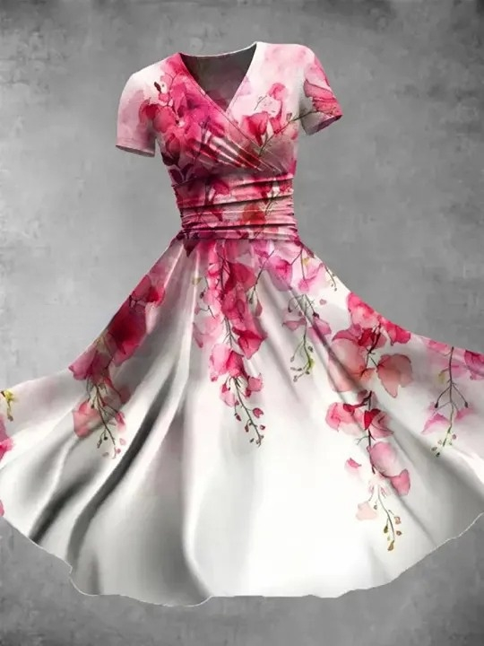 Vintage Bohemian Floral Print V Neck Elegant Chic Loose Short Sleeve Midi Dress