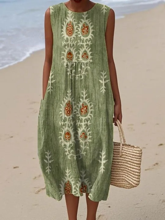 Women's Vintage Ethnic Pattern Art Print Sleeveless Cotton Pocket Wrap Dress
