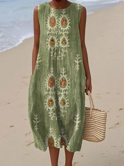 Women's Vintage Ethnic Pattern Art Print Sleeveless Cotton Pocket Wrap Dress