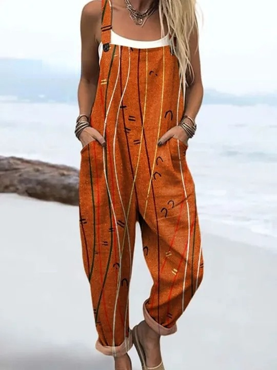 Women's Vintage Line Art Print Casual 100% Cotton Wide Leg Jumpsuit