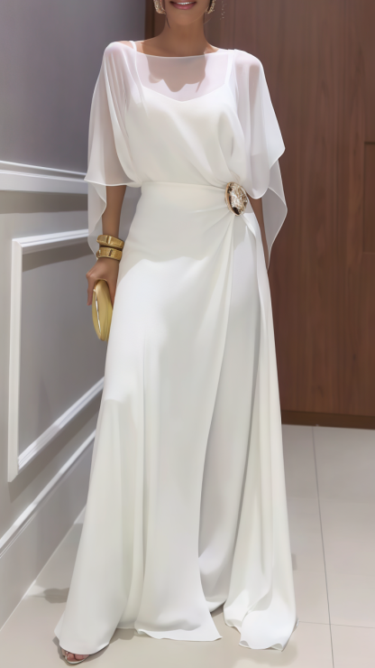 Women’s Elegant White Flowing Maxi Dress with Waist Detail — Timeless Feminine Style