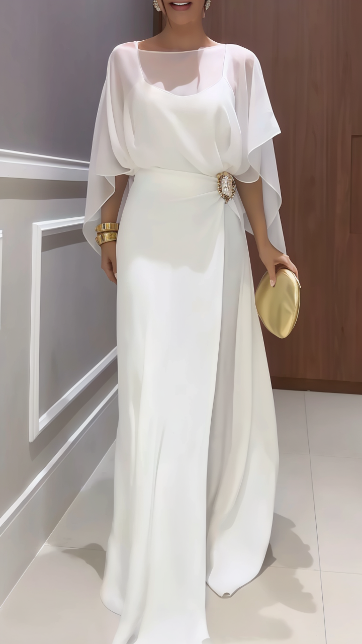 Women’s Elegant White Flowing Maxi Dress with Waist Detail — Timeless Feminine Style