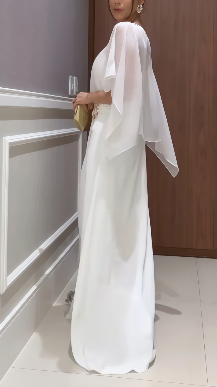 Women’s Elegant White Flowing Maxi Dress with Waist Detail — Timeless Feminine Style