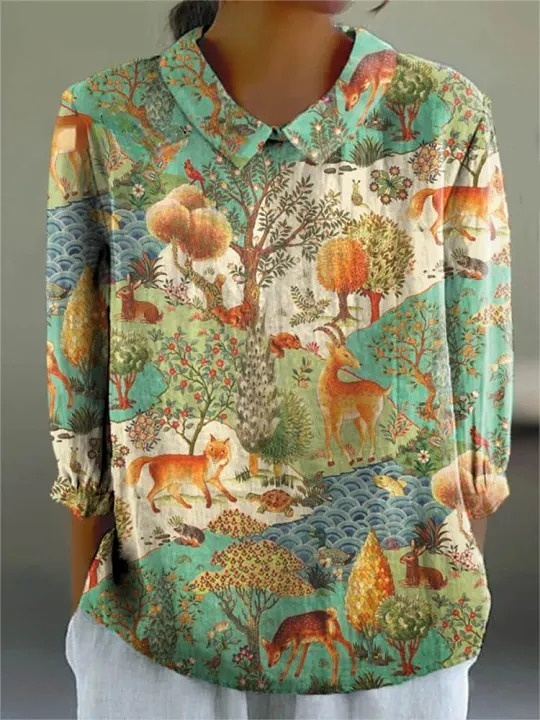 Women's Vintage Woodland Animals Art Print Casual Cotton And Linen 3/4