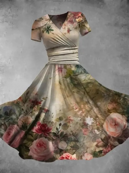 Floral Art Print V-Neck Short Sleeve Retro Midi Dress