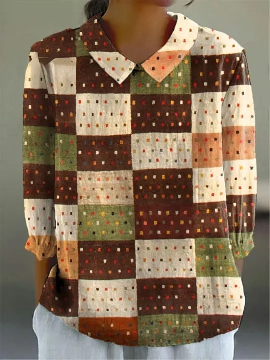 Women's Vintage Boho Art Print Casual Cotton And Linen 3/4 Sleeve Shirt