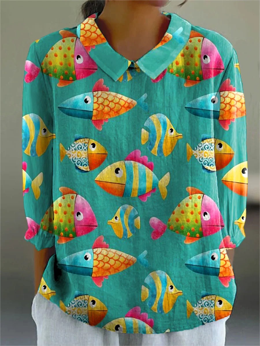Women's Colorful Abstract Fish Art Print Casual Cotton And Linen 3/4 Sleeve Shirt